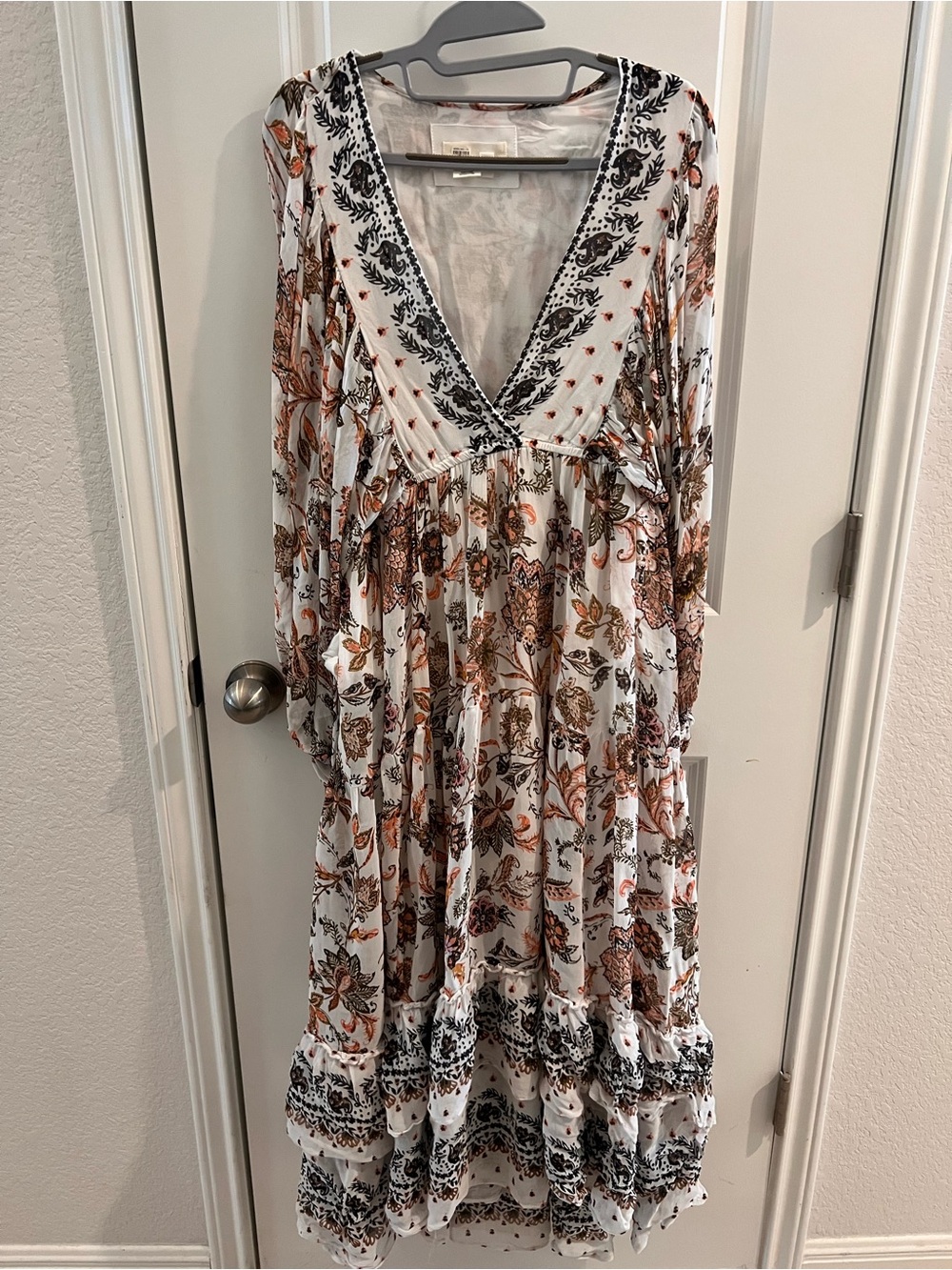 Anthropologie White Maxi Dress with Brown & Black Floral Print
